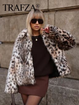 HH Woman Lapel Long Sleeves Side Pockets Casual Coat Women Winter Leopard Print Faux Fur Loose Slim Warm Coat Mujer