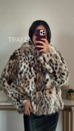 HH Woman Lapel Long Sleeves Side Pockets Casual Coat Women Winter Leopard Print Faux Fur Loose Slim Warm Coat Mujer