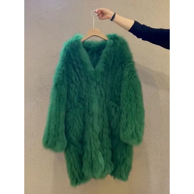 Eco-Friendly Fur Coat Women's Mid-Length Fashionable Casual Style Long Sleeve V-Neck Three Button Closure Outerwear