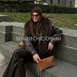 SERENECHIC Exclusive Faux Raccoon Fur Collar Brown PU Leather Jacket Women Winter Warm Windproof Insulation Faux Leather Coat