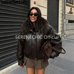 SERENECHIC Exclusive Faux Raccoon Fur Collar Brown PU Leather Jacket Women Winter Warm Windproof Insulation Faux Leather Coat