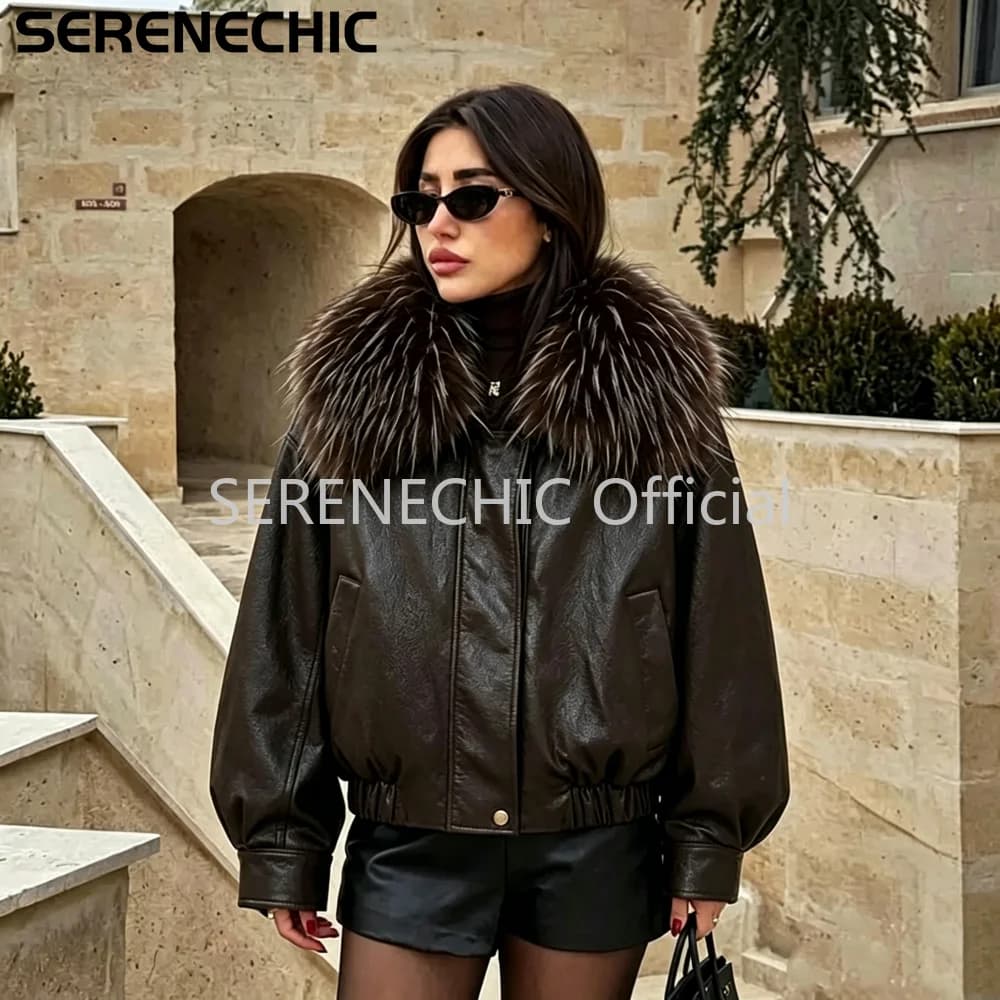 SERENECHIC Exclusive Faux Raccoon Fur Collar Brown PU Leather Jacket Women Winter Warm Windproof Insulation Faux Leather Coat