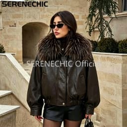 SERENECHIC Exclusive Faux Raccoon Fur Collar Brown PU Leather Jacket Women Winter Warm Windproof Insulation Faux Leather Coat