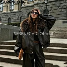 SERENECHIC Exclusive Faux Raccoon Fur Collar Brown PU Leather Jacket Women Winter Warm Windproof Insulation Faux Leather Coat