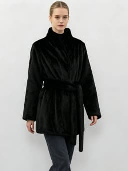 LIMO Women Faux Mink Fur Coat Wrap Belted Waist Stand Collar Long Sleeve Loose Warm Winter Elegant Ladies Plush Outerwear