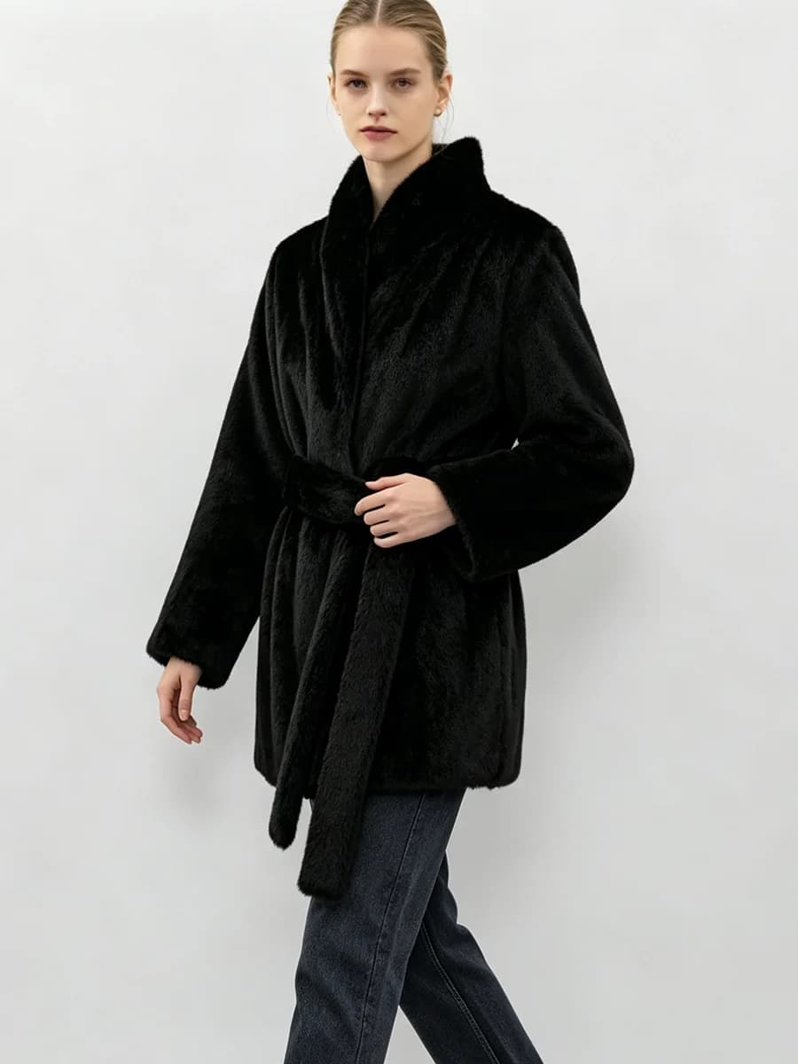 LIMO Women Faux Mink Fur Coat Wrap Belted Waist Stand Collar Long Sleeve Loose Warm Winter Elegant Ladies Plush Outerwear