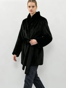 LIMO Women Faux Mink Fur Coat Wrap Belted Waist Stand Collar Long Sleeve Loose Warm Winter Elegant Ladies Plush Outerwear
