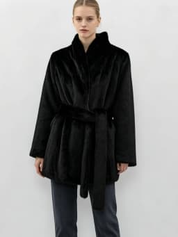 LIMO Women Faux Mink Fur Coat Wrap Belted Waist Stand Collar Long Sleeve Loose Warm Winter Elegant Ladies Plush Outerwear