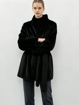 LIMO Women Faux Mink Fur Coat Wrap Belted Waist Stand Collar Long Sleeve Loose Warm Winter Elegant Ladies Plush Outerwear