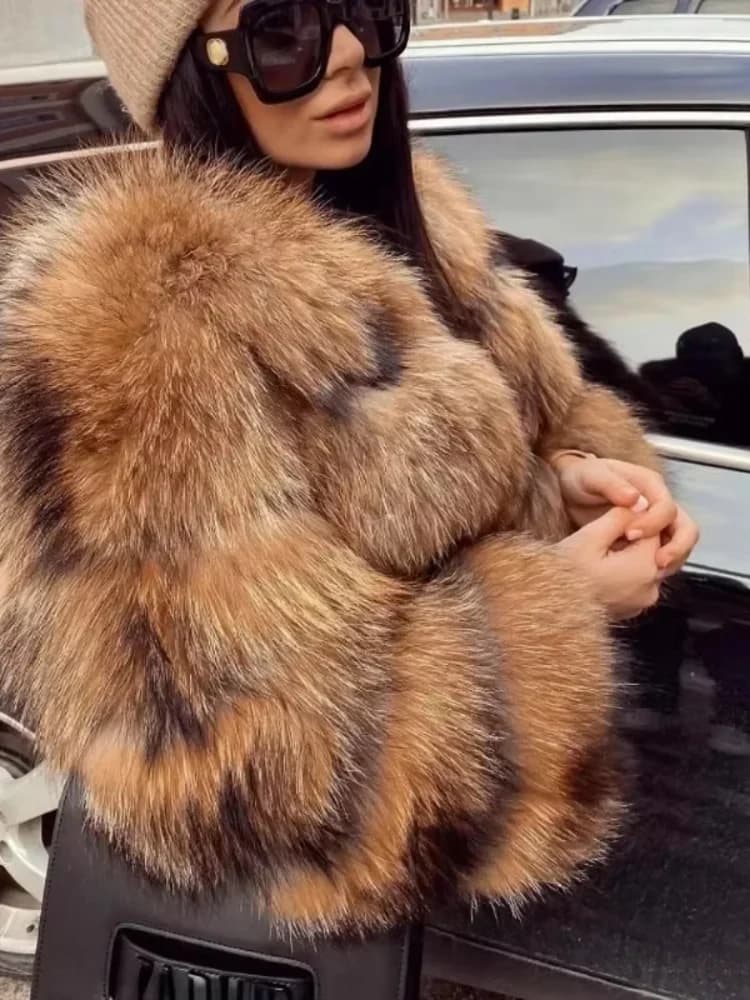 Luxury Two-tone Faux Fur Short Coat Women Fashion Full Sleeve Loose Warm Cropped Jackets Lady Winter Daily Highstreet Outerwear