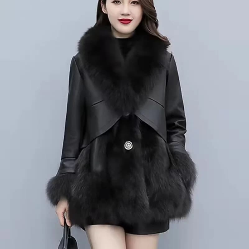 2025 Women Mid-Long Style Faux Fur Jacket Winter Female Pu Leather Splicing Fur Outwear Ladies Long Sleeve Thicken Warm Fur Coat