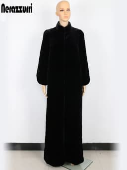 Nerazzurri Floor Length Fluffy Faux Fur Coat Women Black Extra Long Warm Outerwear Winter Furry Fake Fur Overcoat 5xl 6xl 7xl