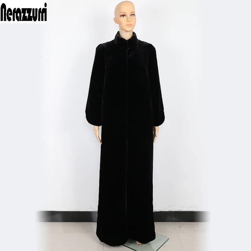 Nerazzurri Floor Length Fluffy Faux Fur Coat Women Black Extra Long Warm Outerwear Winter Furry Fake Fur Overcoat 5xl 6xl 7xl
