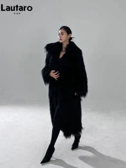 Lautaro Winter Long Black Hairy Shaggy Thick Warm Soft Fluffy Faux Fur Coat Women Sashes Luxury Designer Overcoat Runway Fashion