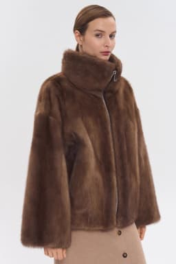 IG 2026 Women High Collar Zip Faux Mink Fur Jacket Short Loose Fit Long Sleeve Luxury Warm Winter Daily Fashion Outer Coat
