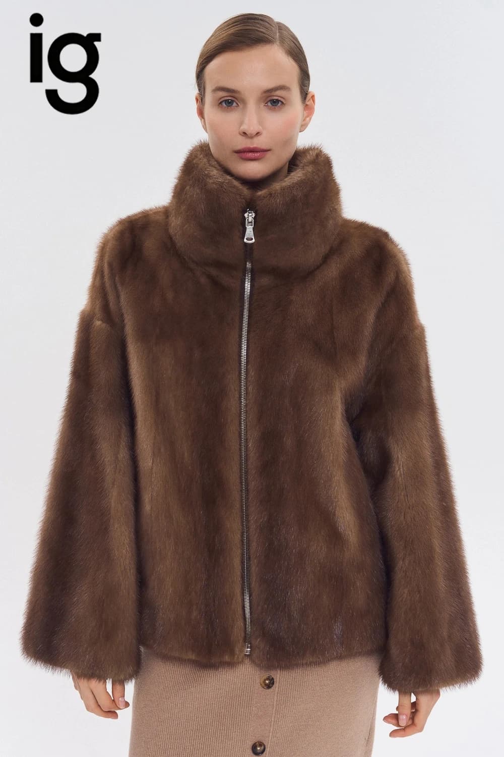 IG 2026 Women High Collar Zip Faux Mink Fur Jacket Short Loose Fit Long Sleeve Luxury Warm Winter Daily Fashion Outer Coat