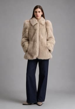 IG Women Wide Lapel Cinched Waist Faux Fur Coat, Peplum Hem Mid-Length Fluffy Jacket, Side Pockets Winter Warm Beige Casual Oute
