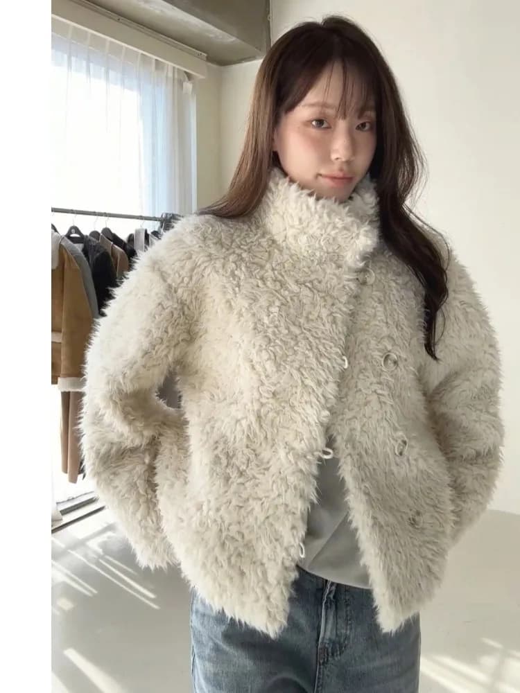 Korean Style Winter Stand Collar Faux Fur Coat Women's High End Single Button Warmth Large Coat Curly Hair Artificial Leather