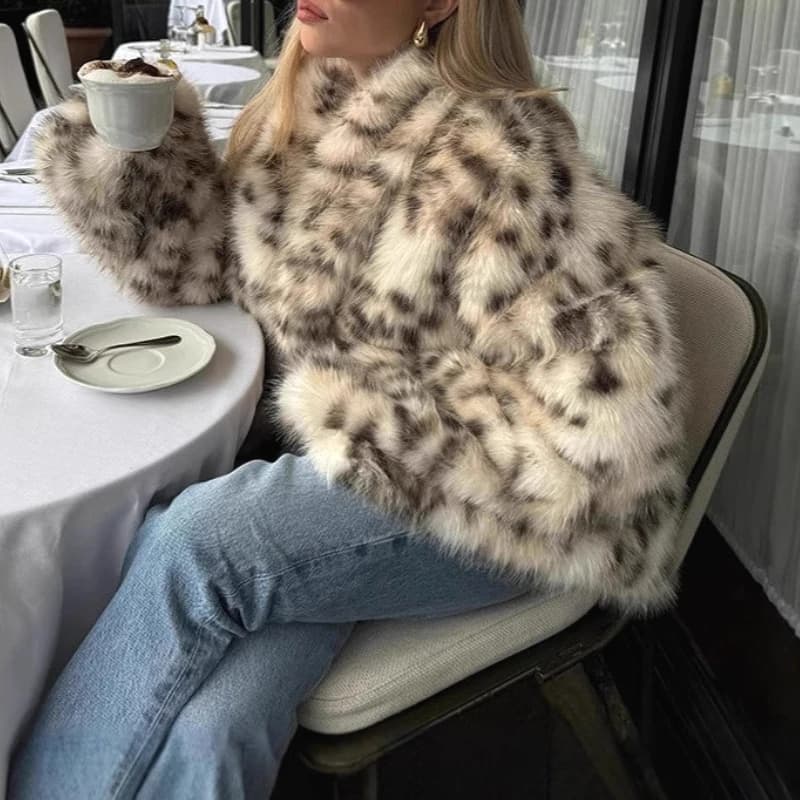 Faux Fur Coats Women Casual Coat Turn Down Collar Full Sleeve Leopard Print Open Stitch Thick Warm Jackets Street Wear Winter