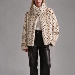 IG Women Leopard Spotted Faux Fur Large Foldover Stand Collar Cropped Jacket, Long Sleeve Winter Warm Vintage Street Outerwear