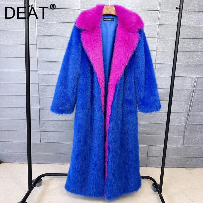 DEAT 2026 Winter New Items Fashion Imitation Fur Coat For Women Contrast Color High-end Versatile Trench Female 11A05600