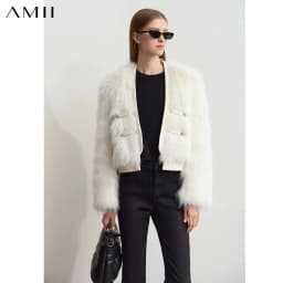AMII 2026 Winter New Fur Jacket Solid Color Modern Warm Outerwear V-neck Imitation Fur Loose Spliced PU Top Female 12424012