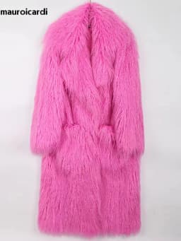 Mauroicardi Winter Thick Warm Shaggy Hairy Fluffy Colored Bright Pink Long Faux Fur Coat Women Loose Luxury Furry Overcoat 2025