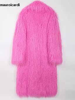Mauroicardi Winter Thick Warm Shaggy Hairy Fluffy Colored Bright Pink Long Faux Fur Coat Women Loose Luxury Furry Overcoat 2025