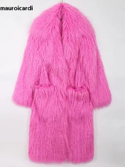 Mauroicardi Winter Thick Warm Shaggy Hairy Fluffy Colored Bright Pink Long Faux Fur Coat Women Loose Luxury Furry Overcoat 2025