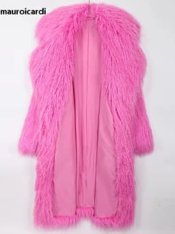 Mauroicardi Winter Thick Warm Shaggy Hairy Fluffy Colored Bright Pink Long Faux Fur Coat Women Loose Luxury Furry Overcoat 2025