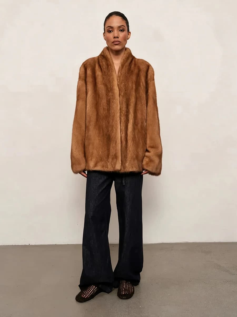 Women's Caramel Brown Faux Fur Coat Open Front Shawl Collar Oversized Winter Warm Elegant Luxe Chic Outerwear