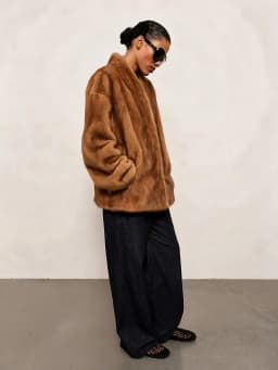 Women's Caramel Brown Faux Fur Coat Open Front Shawl Collar Oversized Winter Warm Elegant Luxe Chic Outerwear