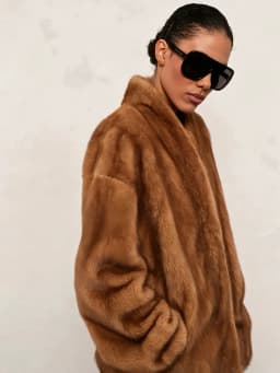 Women's Caramel Brown Faux Fur Coat Open Front Shawl Collar Oversized Winter Warm Elegant Luxe Chic Outerwear