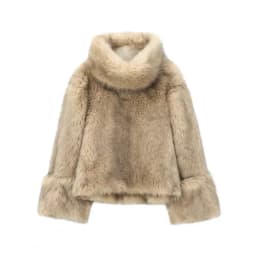 Women's Faux Fur Coat Funnel Neck Fluffy Camel Cropped Pullover Winter Warm Jacket Elegant Luxe Chic Outerwear