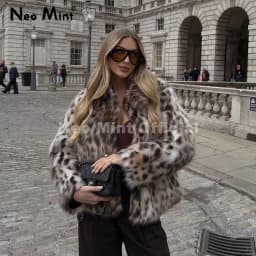 Neo Mint Vintage Stylish Loepard Faux Fur Coat Women 2025 Winter Chic Iconic Ins Blogger Brand Fashion Fox Fur Jacket Streetwear