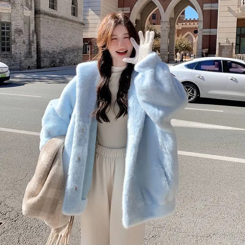 Women Blue Hooded Coat Autumn Winter Faux Fur Jacket Loose Fit Warm Thickened Mid-Length Coat