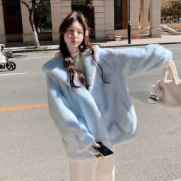 Women Blue Hooded Coat Autumn Winter Faux Fur Jacket Loose Fit Warm Thickened Mid-Length Coat