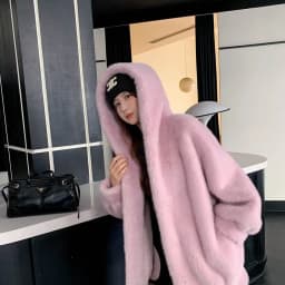 Women Blue Hooded Coat Autumn Winter Faux Fur Jacket Loose Fit Warm Thickened Mid-Length Coat