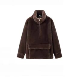 LANMREM Women Faux Mink Fur Half Zip Sweatshirt Stand Neck Kangaroo Pocket Loose Long Sleeve Warm Plush Pullover Top 2DB8857