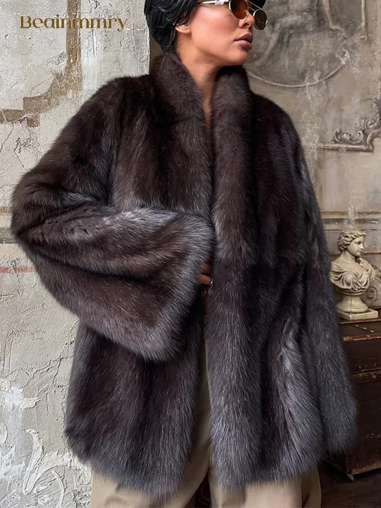 Women Brown Medium-length Fur Coat Lapel Hidden Button Loose Elegant Outerwear 2025 Fashion Office Lady Commute Overcoat New