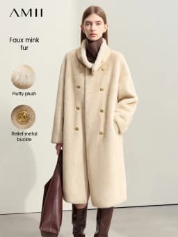 AMII Minimalism 2026 Winter New Warm Modern Turtleneck Double Breasted Imitation Mink Eco-friendly Fur Lady Fleece Coat 12424006