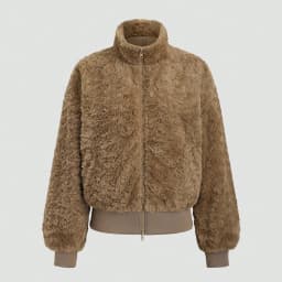 IG Women Stand Collar Zip-Up Fuzzy Cropped Jacket, Ribbed Hem & Cuffs, Long Sleeve Winter Warm Casual Fluffy Outerwear