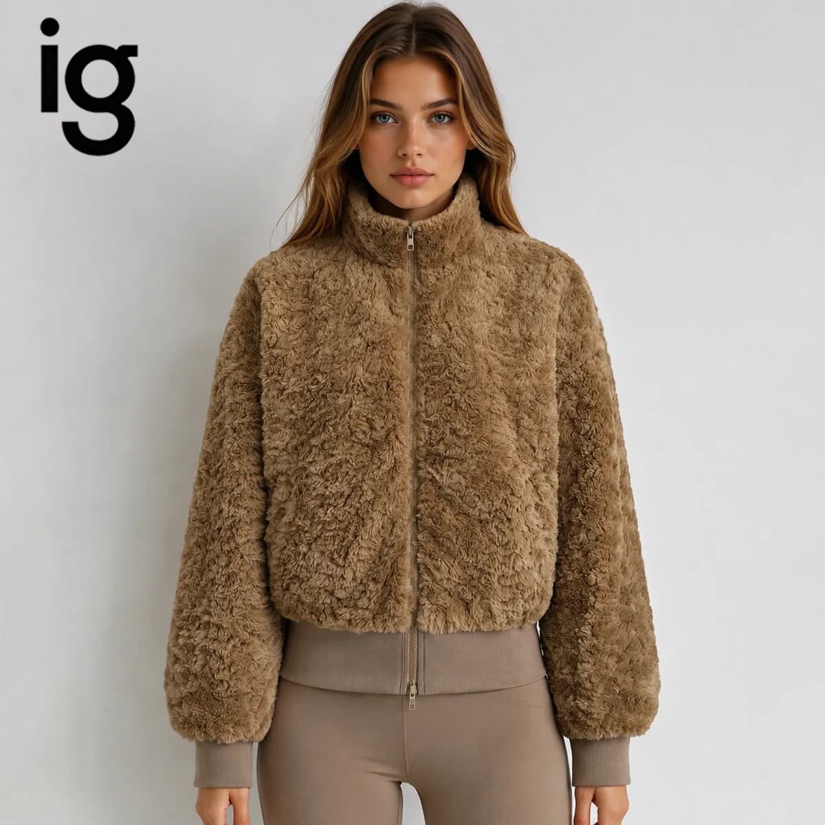 IG Women Stand Collar Zip-Up Fuzzy Cropped Jacket, Ribbed Hem & Cuffs, Long Sleeve Winter Warm Casual Fluffy Outerwear