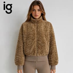 IG Women Stand Collar Zip-Up Fuzzy Cropped Jacket, Ribbed Hem & Cuffs, Long Sleeve Winter Warm Casual Fluffy Outerwear