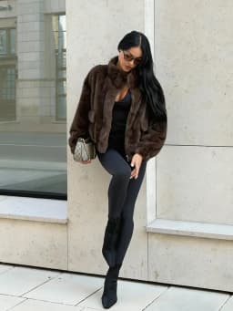 Luxury Dark Brown Plush Faux Fur Coat Women 2026 Winter Warm Zip Up Bomber Jacket Stand Collar Outwear