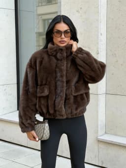 Luxury Dark Brown Plush Faux Fur Coat Women 2026 Winter Warm Zip Up Bomber Jacket Stand Collar Outwear