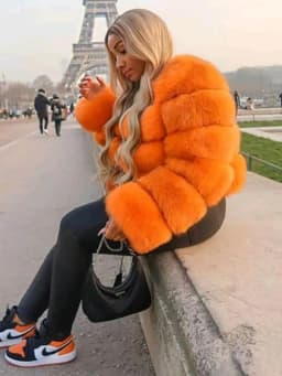 DEAT Fashion Orange Imitation Fox Fur Grass Coat Women's Round Neck Plush Thick Jacket Winter New 7A1578