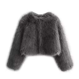 Chic Grey Fluffy Faux Fur Jacket Women Elegant O Neck Long Sleeves Cropped Coats Autumn Winter Lady High Street Outwears