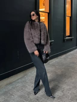 Chic Grey Fluffy Faux Fur Jacket Women Elegant O Neck Long Sleeves Cropped Coats Autumn Winter Lady High Street Outwears