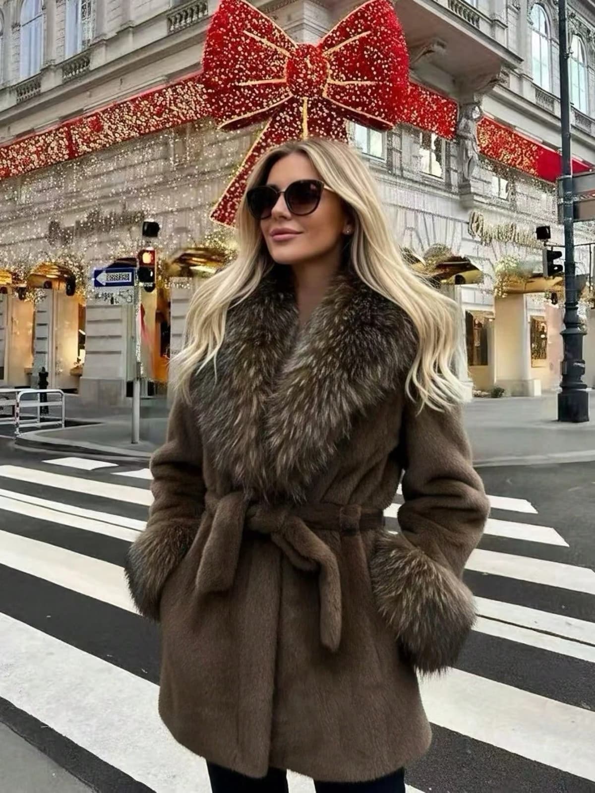Women Winter Faux Fur Coat Fluffy Big Fur Collar Cuff Belted Brown 2026 New Elegant Old Money Luxury Outerwear